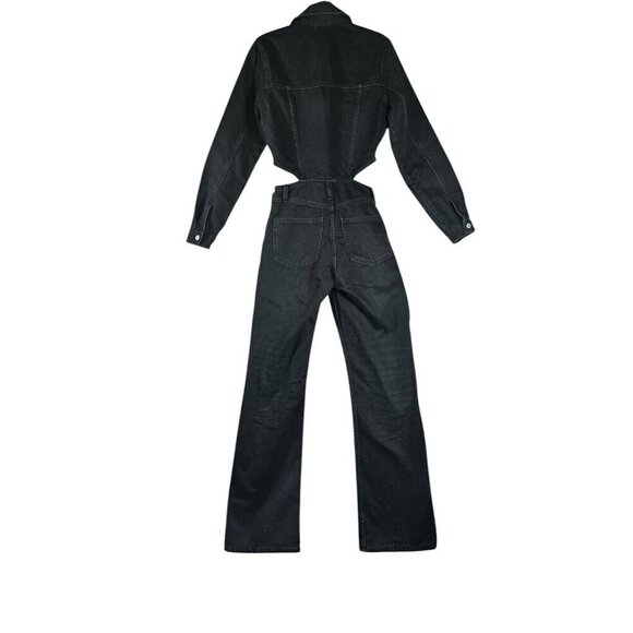 Zara XS Black Denim Jumpsuit Waist Cutouts Long Sleeve Classic Womens Jean - Picture 10 of 14